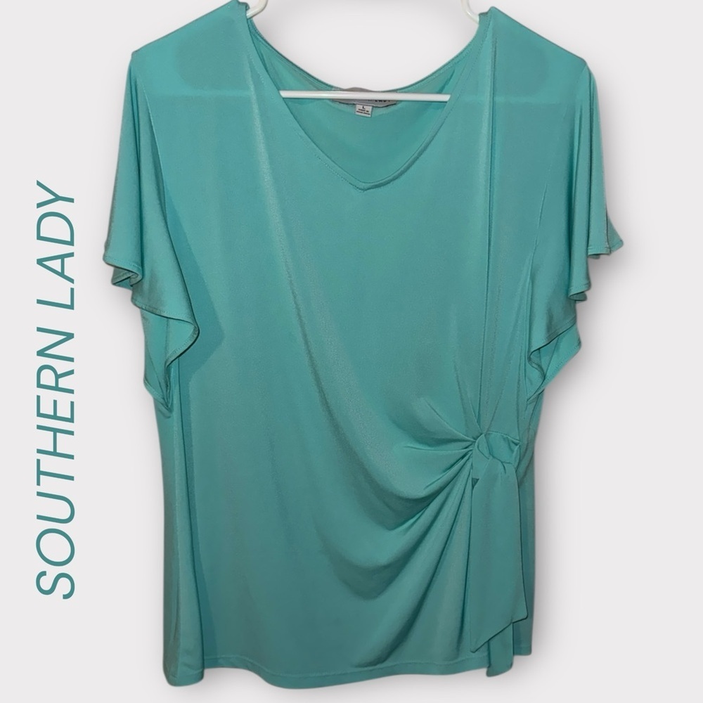 Southern Lady Teal Knot-Accent V-Neck Blouse
